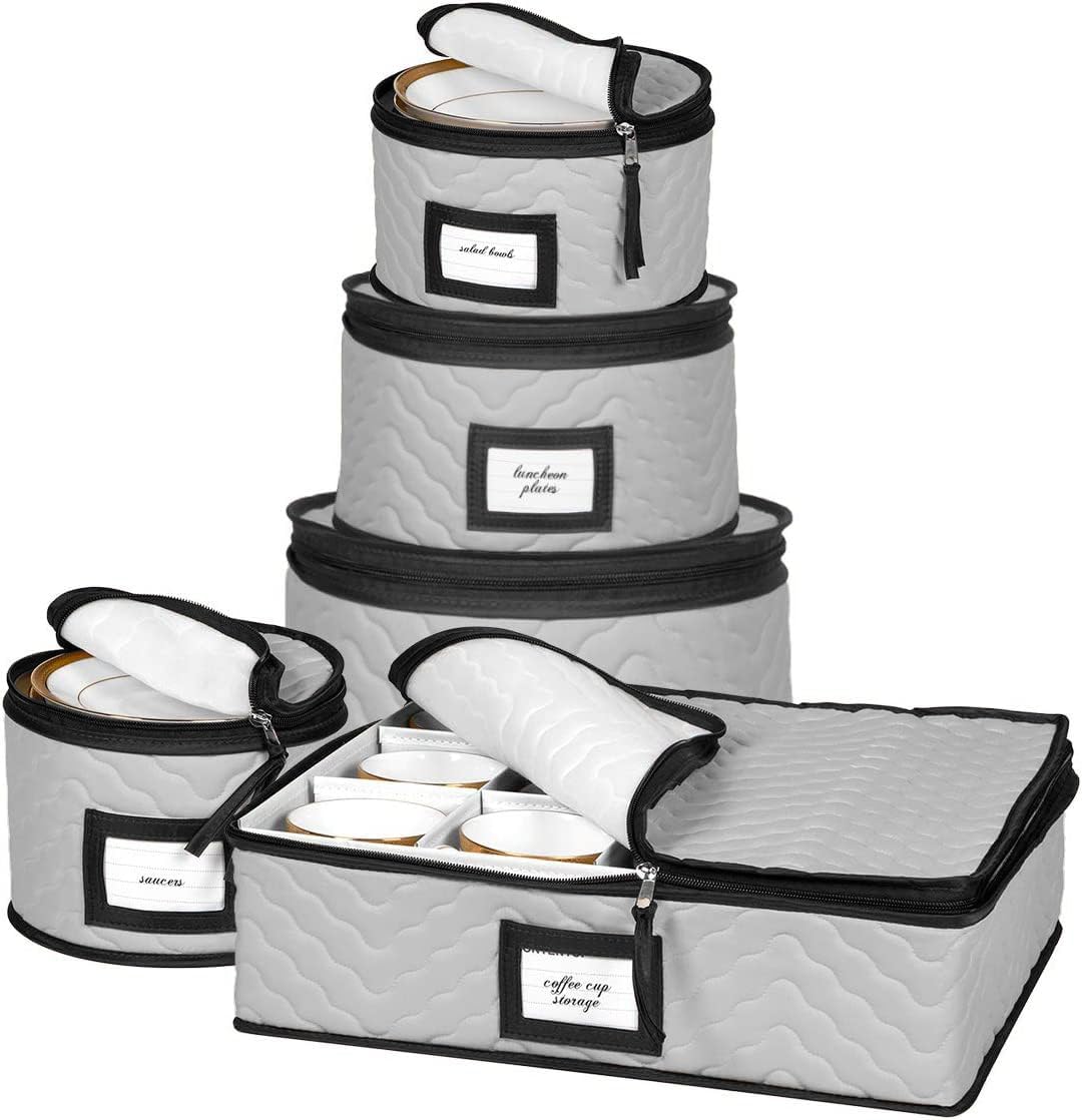 USADO Set Organizador de Vajilla 5 Piezas | Cajas Acolchadas de Microfibra para Platos, Vasos, Tazas y Platillos | con Divisores para Guardar hasta 12 Piezas | Gris