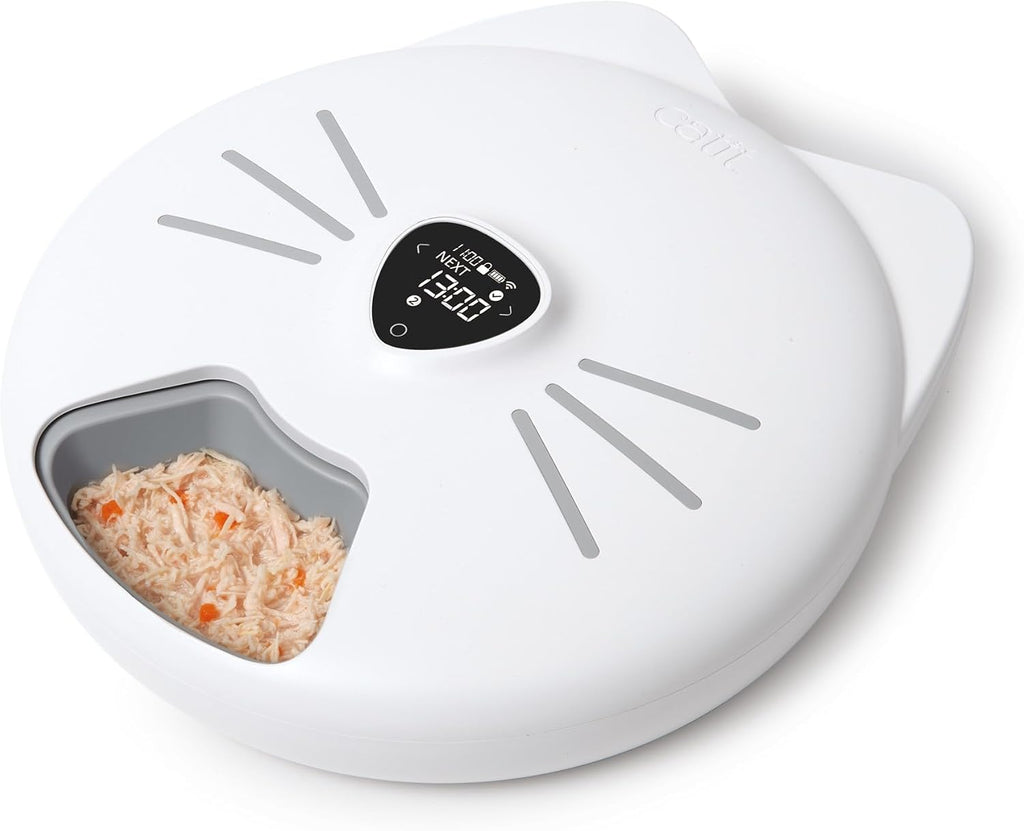 Comedero automático Catit PIXI Smart de 6 comidas: programa de alimentación automático y personalizable con soporte para aplicación, blanco.