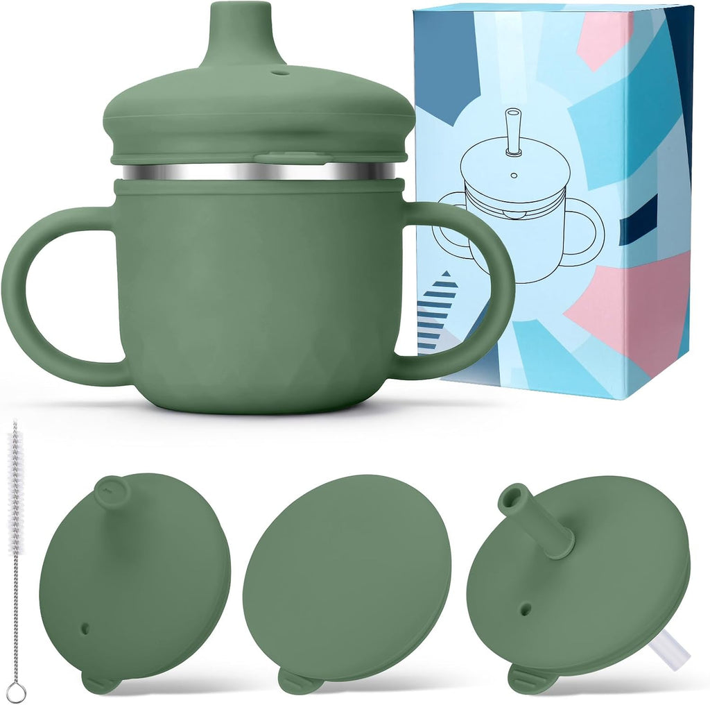 Vaso Antiderrame BUSOHA 3 en 1 de Acero Inoxidable 8oz – Para Bebés y Niños Pequeños, Apto Lavavajillas, Color Verde Oscuro