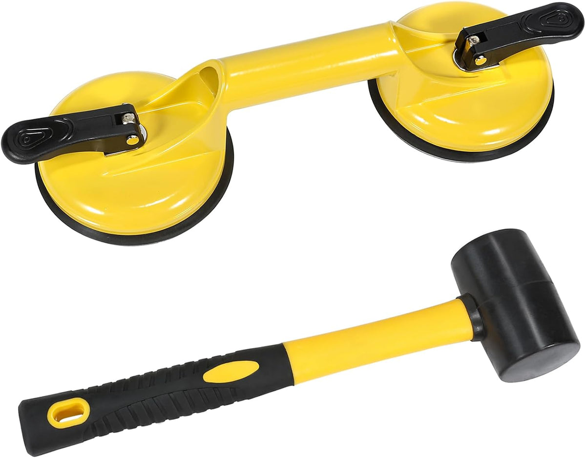 Herramienta fijadora de huecos para suelos laminados, incluye ventosa de aluminio resistente y mazo de goma con mango de fibra de vidrio (no se puede utilizar en suelos de superficie raspada), kit amarillo