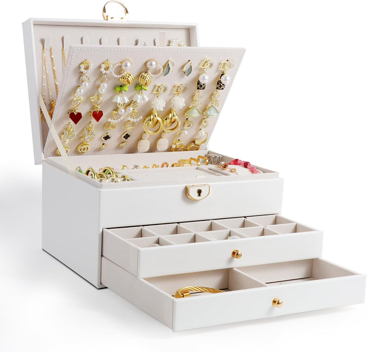 Unimoly Caja de Joyería 3 Niveles con Cerradura – Organizador Vintage de Cuero Sintético, Soporte para Pendientes, Regalo para Mujer