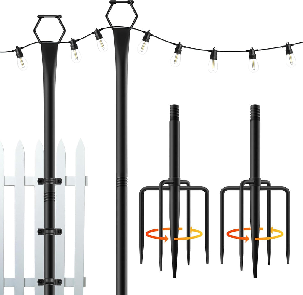 Paquete de 2 postes para guirnaldas de luces exteriores, postes de luz de 3 metros para guirnaldas de luces exteriores, postes de luz exteriores ajustables con soportes para vallas, soporte metálico para terraza, patio y jardín.