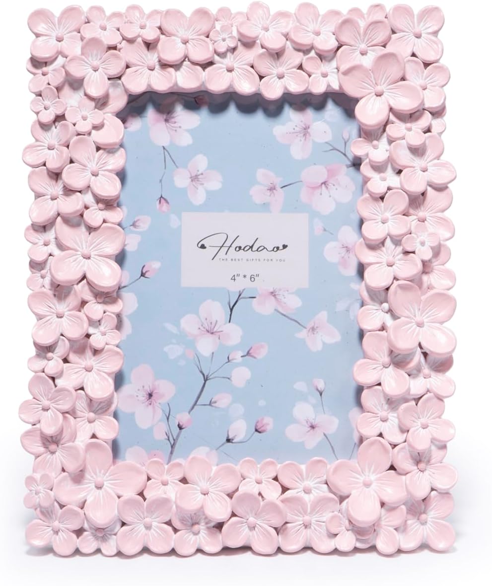 Marco de Fotos Hodao 4x6 Floral Rosa | Portarretrato Texturizado Artesanal con Flores, Cubierta Plástica y Base Integrada para Mesa | Decoración de Hogar y Nursery