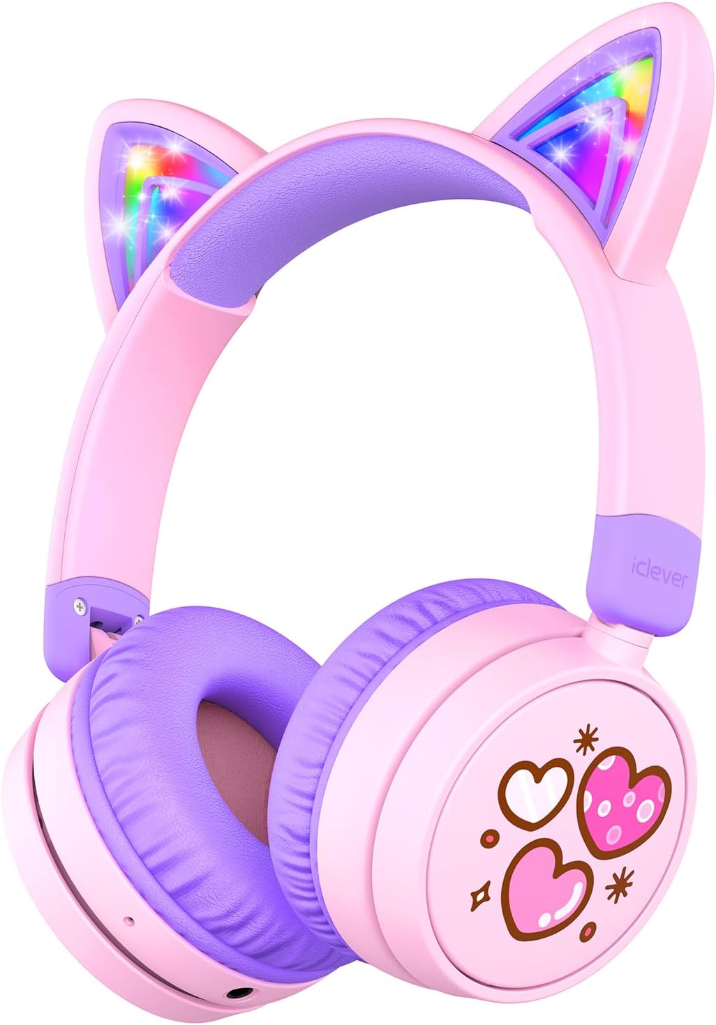 Audifonos Bluetooth iClever para Ninos | Orejas de Gato con Luces | 60h de Bateria, Carga USB-C, Volumen Seguro 74/85dBA | Bluetooth 5.3 | Rosa Durazno