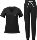 Nucabel Set de Uniforme Medico para Mujer | Top Cuello V y Pantalon Jogger Cargo | 9 Bolsillos, Cintura Yoga, Ajuste Comodo (Talla L, Negro)