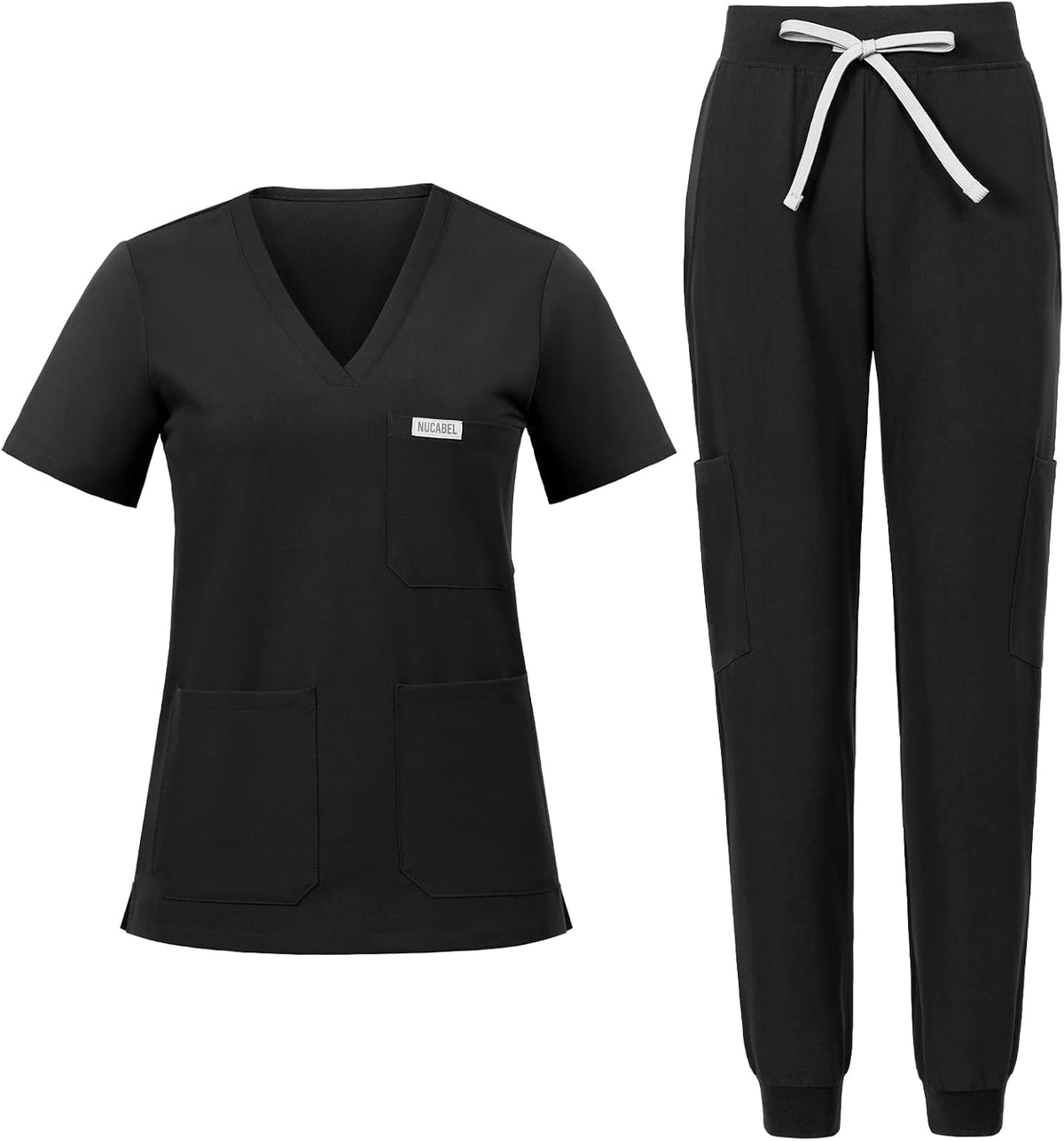 Nucabel Set de Uniforme Medico para Mujer | Top Cuello V y Pantalon Jogger Cargo | 9 Bolsillos, Cintura Yoga, Ajuste Comodo (Talla L, Negro)