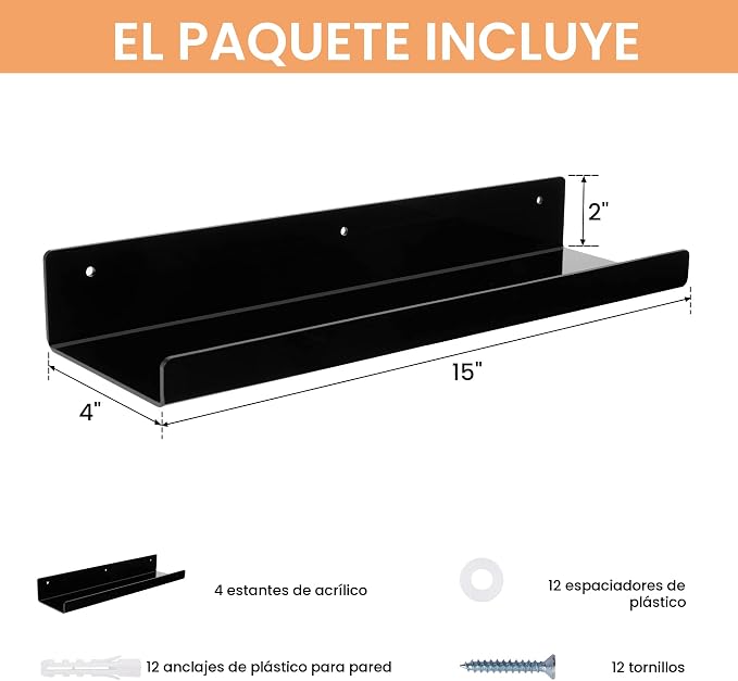 upsimples Estantes acrílicos para decoración de pared, estante de exhibición de 15 pulgadas, organizador de perfumes para baño, dormitorio, sala de estar, estanterías flotantes para niños, negro