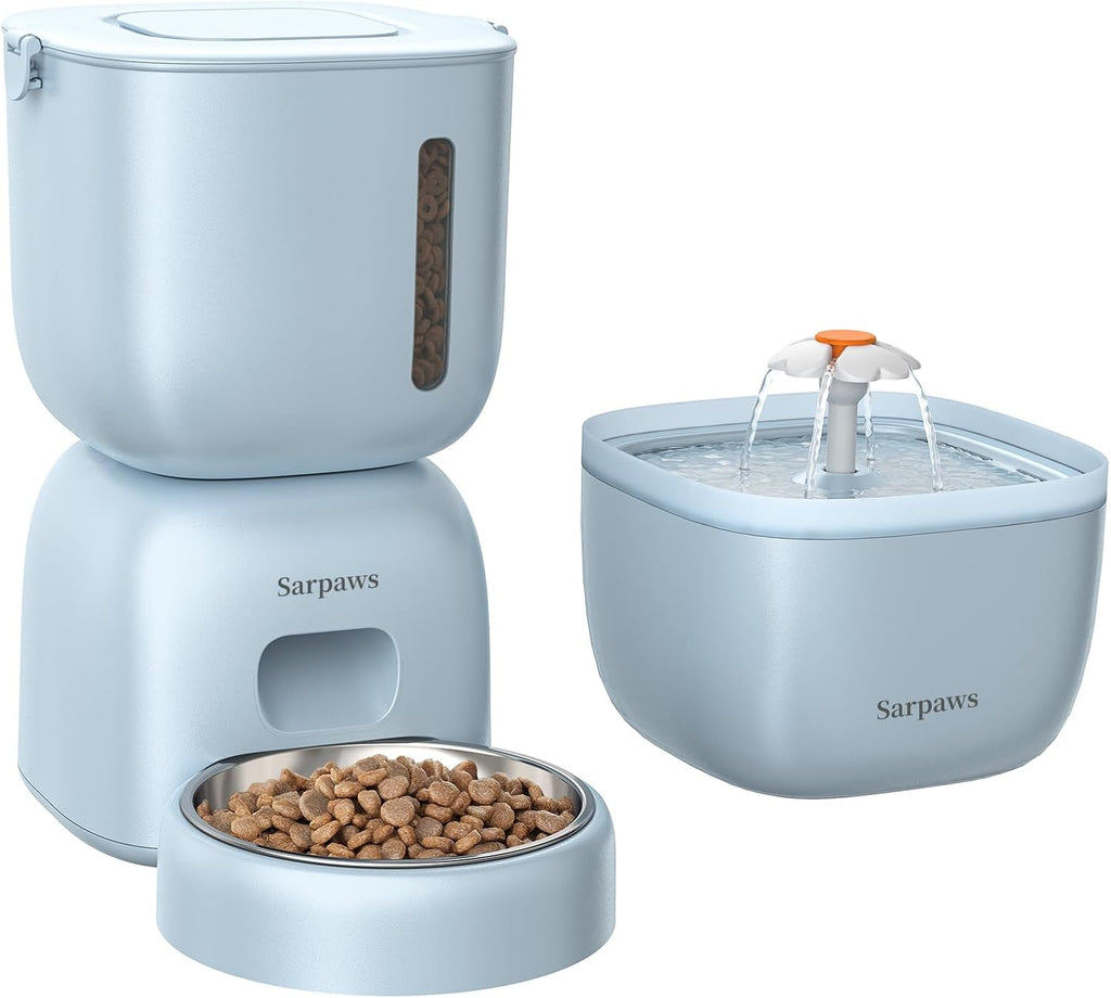 Comedero Automatico para Gatos y Dispensador de Agua FW1 | Con Cable o Bateria | Temporizador Tapa con Seguro Bolsa Desecante | 4 Comidas Diarias Grabacion de Voz 10s | Azul