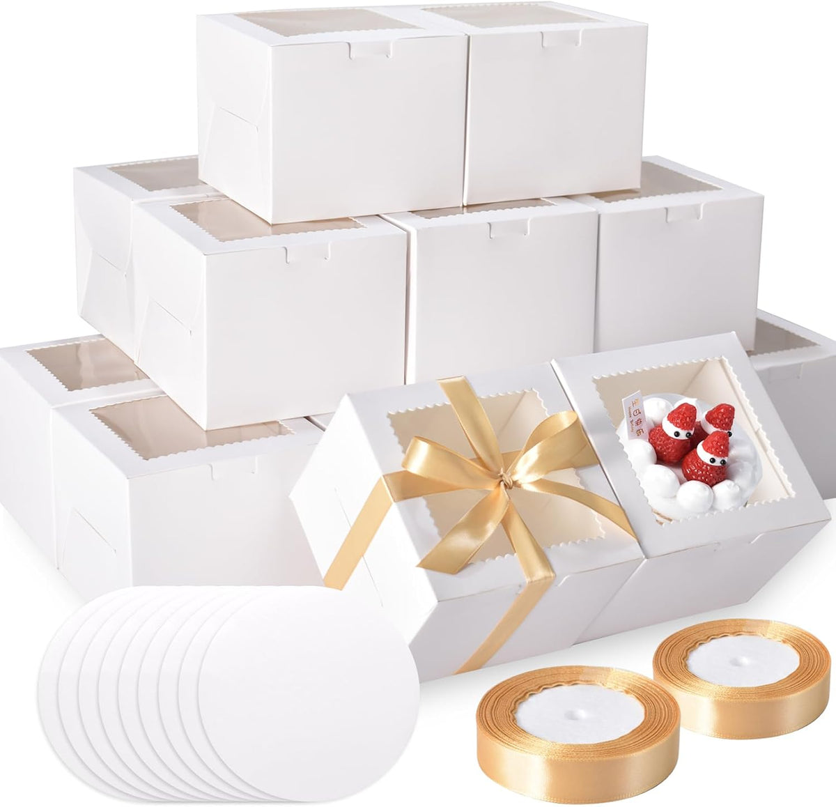KPOSIYA 40 piezas de mini cajas para pasteles de 6x6x5 pulgadas con bases para pasteles (20 cajas y 20 bases), cajas pequeñas para pasteles de 6 pulgadas con tapas, cajas de mini pasteles, cajas de panadería con ventana para Navidad y Acción de Gracias