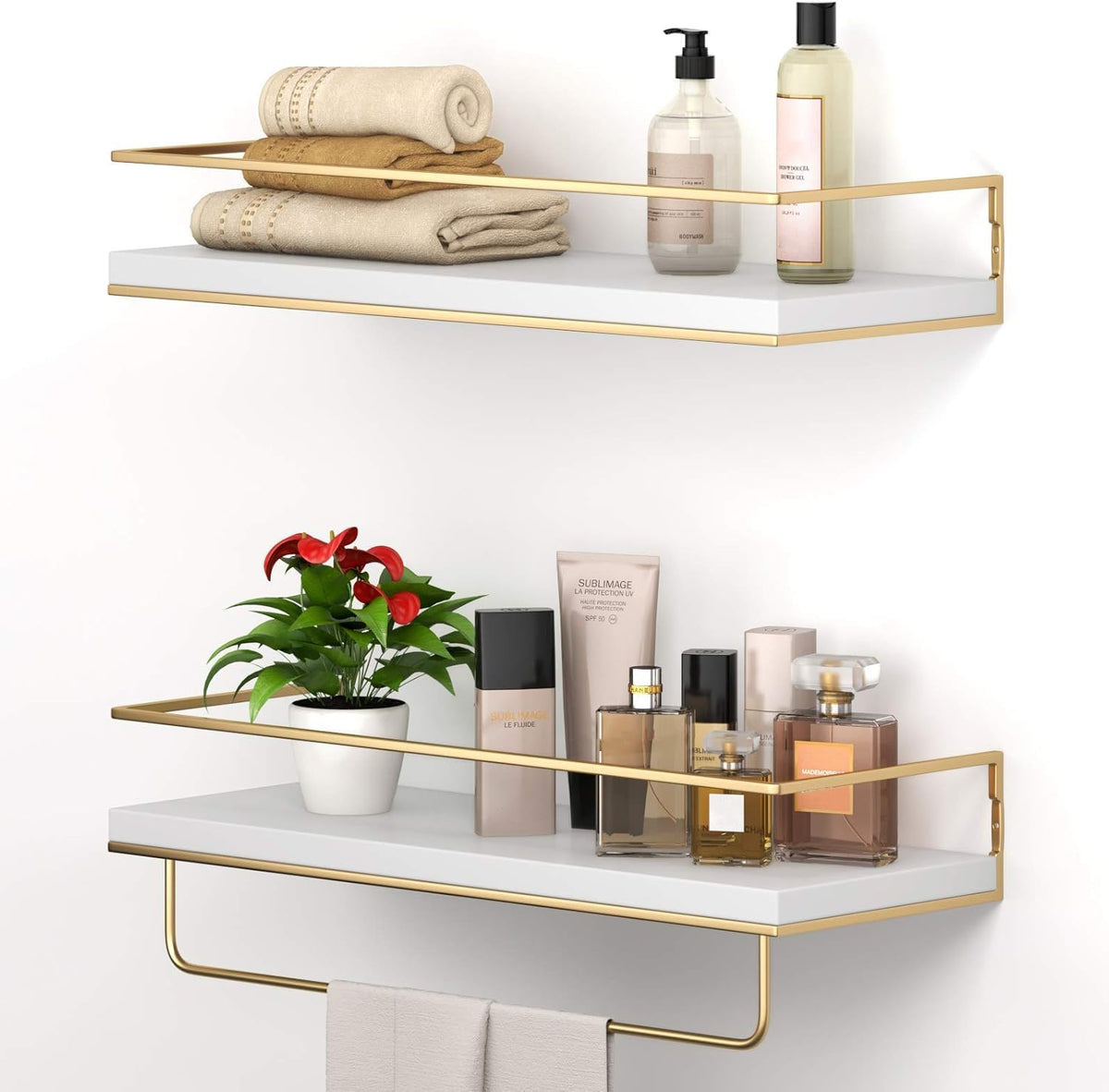 Set de 2 Repisas Flotantes Shario Blancas con Toallero Dorado 15.7" – Baño, Cocina y Sala
