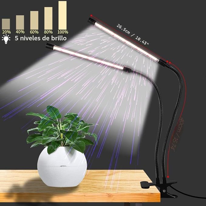 GooingTop Luz LED de crecimiento, 6000 K, lámpara de cultivo de plantas con clip de espectro completo con LED blanco y rojo para plantas de interior, 5 niveles regulables, temporizador de encendido