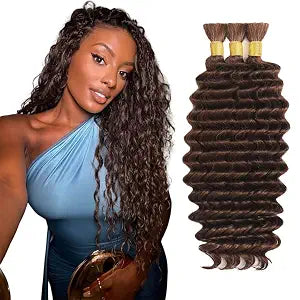 Extensiones de Cabello Humano para Trenzas Boho 14" – Deep Wave Bulk, Color 4 Marrón Chocolate, Rizos Profundos