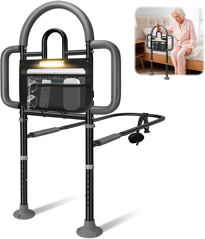 Rieles de cama para adultos mayores de seguridad con luz LED, riel de ayuda para cama de 400 libras, riel de noche aprobado por ASTM para personas mayores, altura ajustable compatible