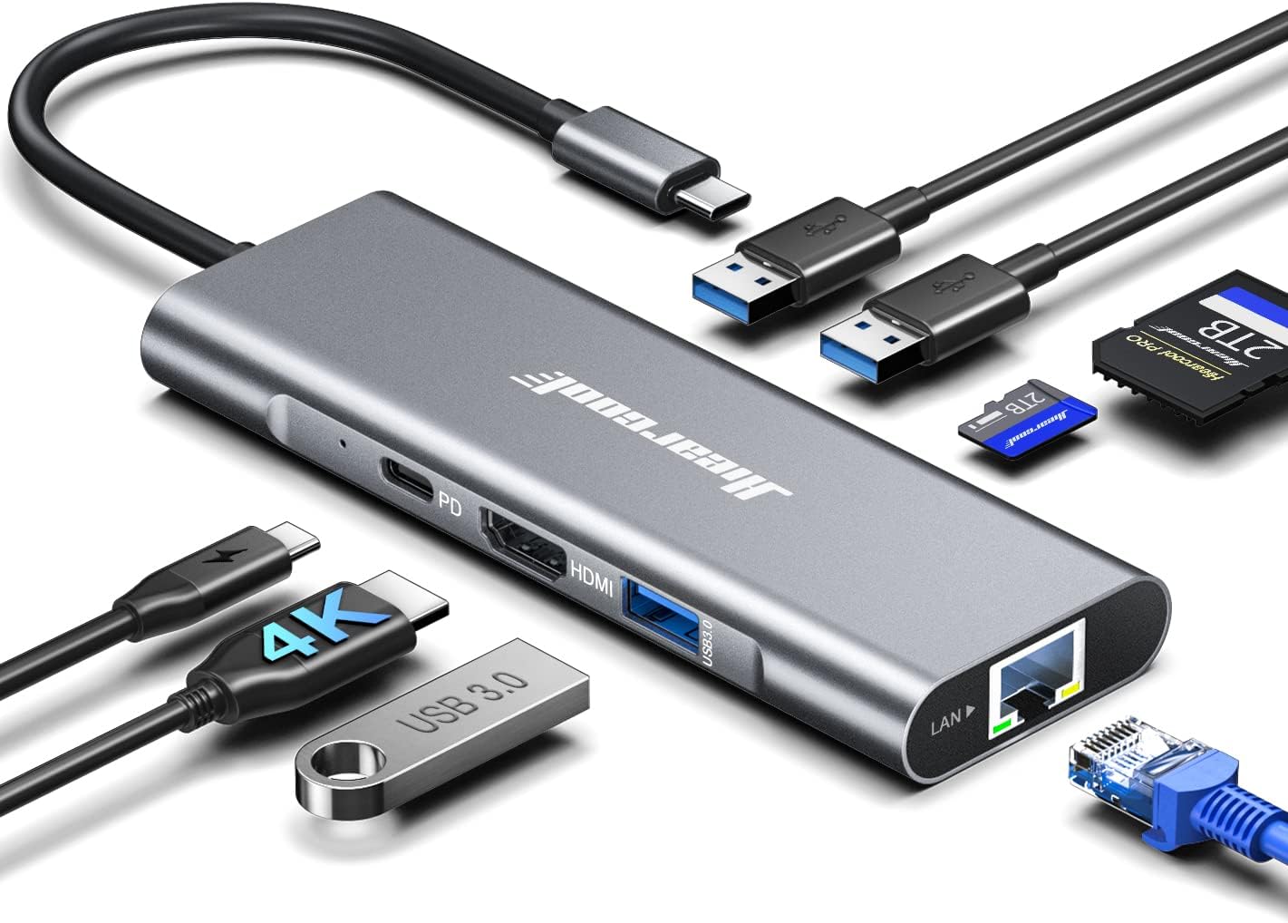 Hub USB-C 8 en 1 Hiearcool — HDMI 4K@60Hz, Ethernet 1Gbps, 100W PD, USB 3.0, SD/TF