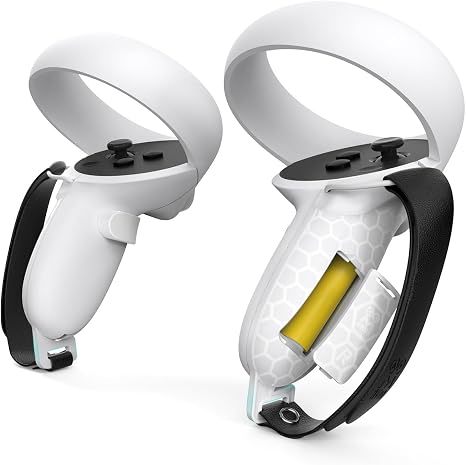 AMVR Agarres de control táctil para Oculus Quest 2 – Correas de mano de cuero ajustables con puerta de batería, accesorios abiertos para puerta de batería, banda elástica Meta Quest2 antilanzamiento, manos relajantes para mejorar la sujeción