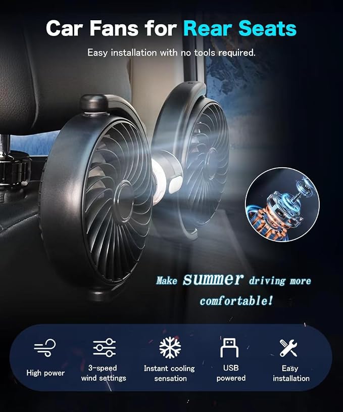 Ventiladores de refrigeración para automóvil, alimentados por USB, ventiladores para asiento trasero para niños, motor silencioso sin escobillas de 3 velocidades controladas, ventilador de asiento