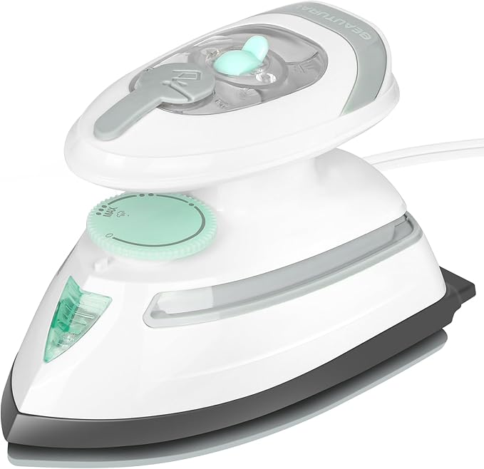 BEAUTURAL Mini plancha de vapor de viaje para ropa con doble voltaje, control de temperatura, suela antiadherente y almacenamiento de cables, ideal para costura, acolchado y manualidades