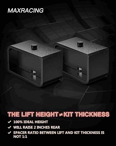 Maxracing Bloques de elevación traseros de 2 pulgadas compatibles con Chevy Silverado 1500/GMC Sierra 1500 2007-2026, kit de bloque de nivelación trasero de 2 pulgadas con pernos en U cuadrados