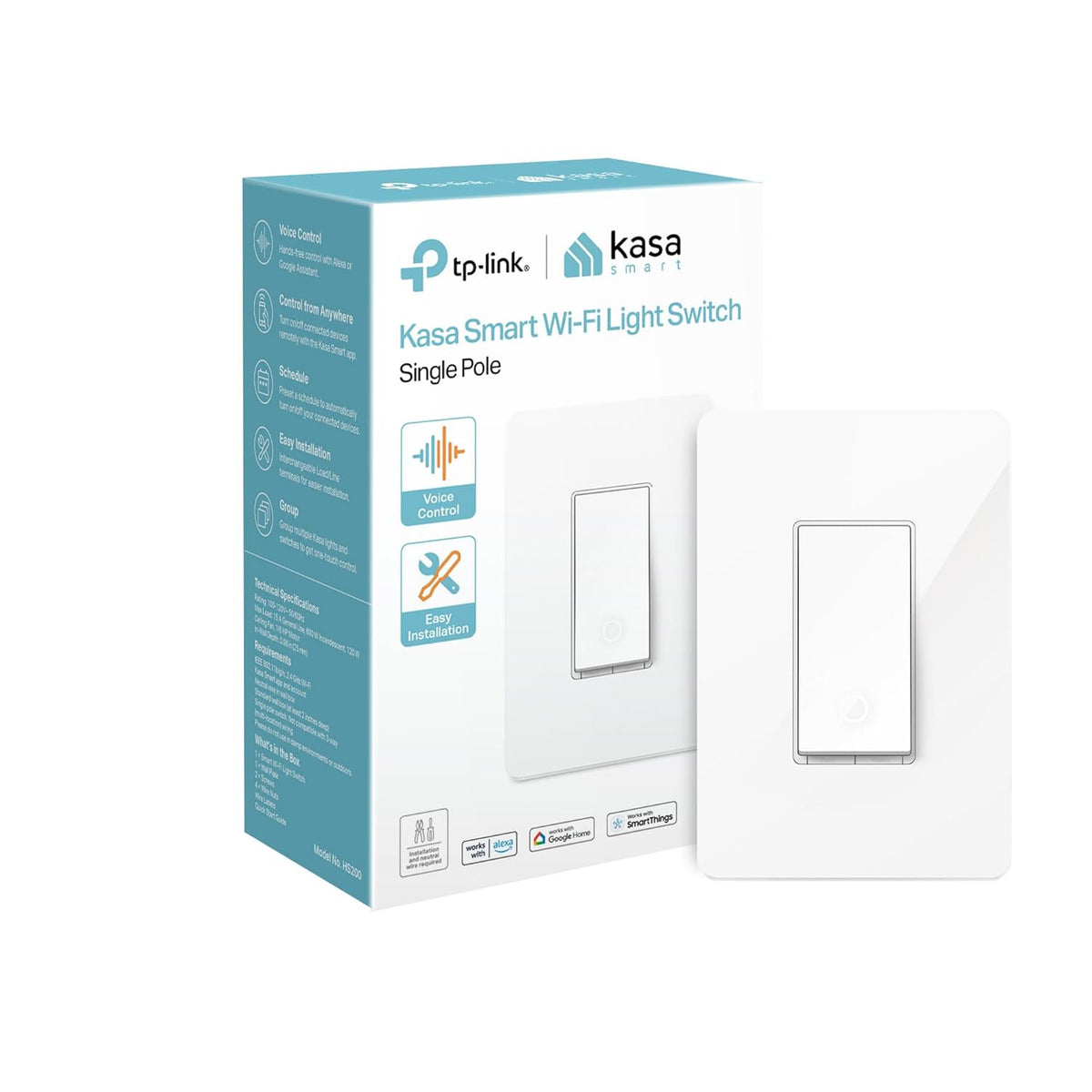 Kasa Interruptor Inteligente HS200 | Polo Simple | WiFi 2.4GHz | Compatible con Google Home | Certificado UL | Sin Hub | Blanco