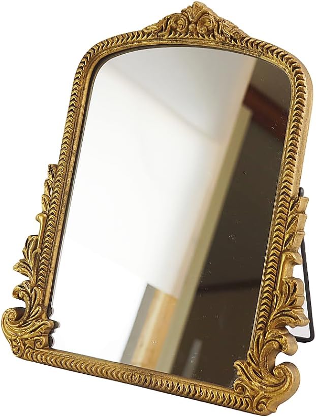Small Vintage Vanity Makeup Desk Mirror Antique Traditional Chic Arch Table Mirror Goldï¼ŒDecor Wood Framed Small Standing Carved Arendahl Mirror for Living Room,Bedroom,Tabletop 11.8" x 9.6"