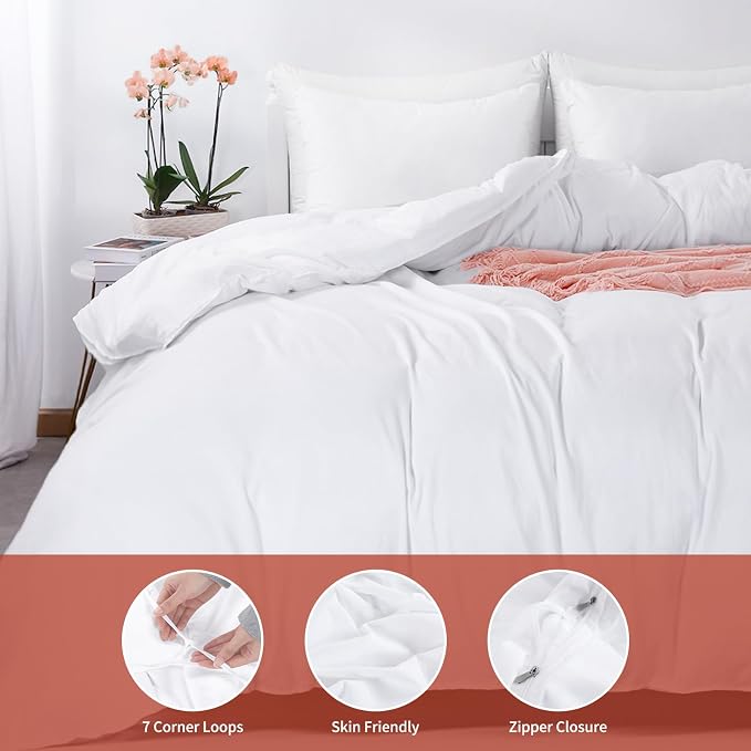 HOMBYS Funda de edredón blanca de microfibra ultrasuave de 120 x 128 pulgadas, para todas las estaciones con cierre de cremallera, 8 pestañas en las esquinas (blanco, tamaño King extragrande Plus)
