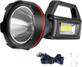 Linterna recargable, foco de mano de alta luminosidad, reflector LED con correa para el hombro y salida USB para huracanes, emergencias, tormentas, cortes de luz, caza, senderismo y acampada (Negro1)
