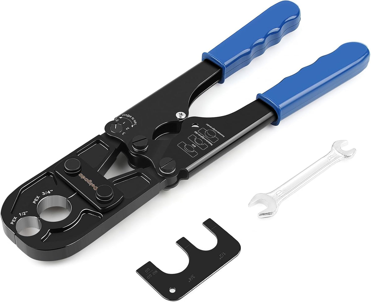 SOLO VIENE LA PRENSA MANUAL SIN ACCESORIOS-Kit combinado de crimpado PEX Delgada de 1/2" y 3/4" para crimpar anillos de cobre con calibre pasa/no pasa. Cumple con la norma ASTM F1807.