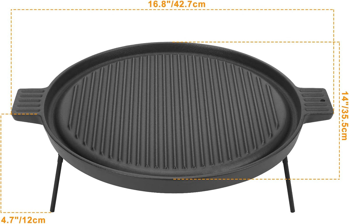Plancha de hierro fundido Onlyfire Chef, sartén de doble cara con 3 patas extraíbles, ideal para la hoguera sin humo Solo Stove Ranger de 15 pulgadas.