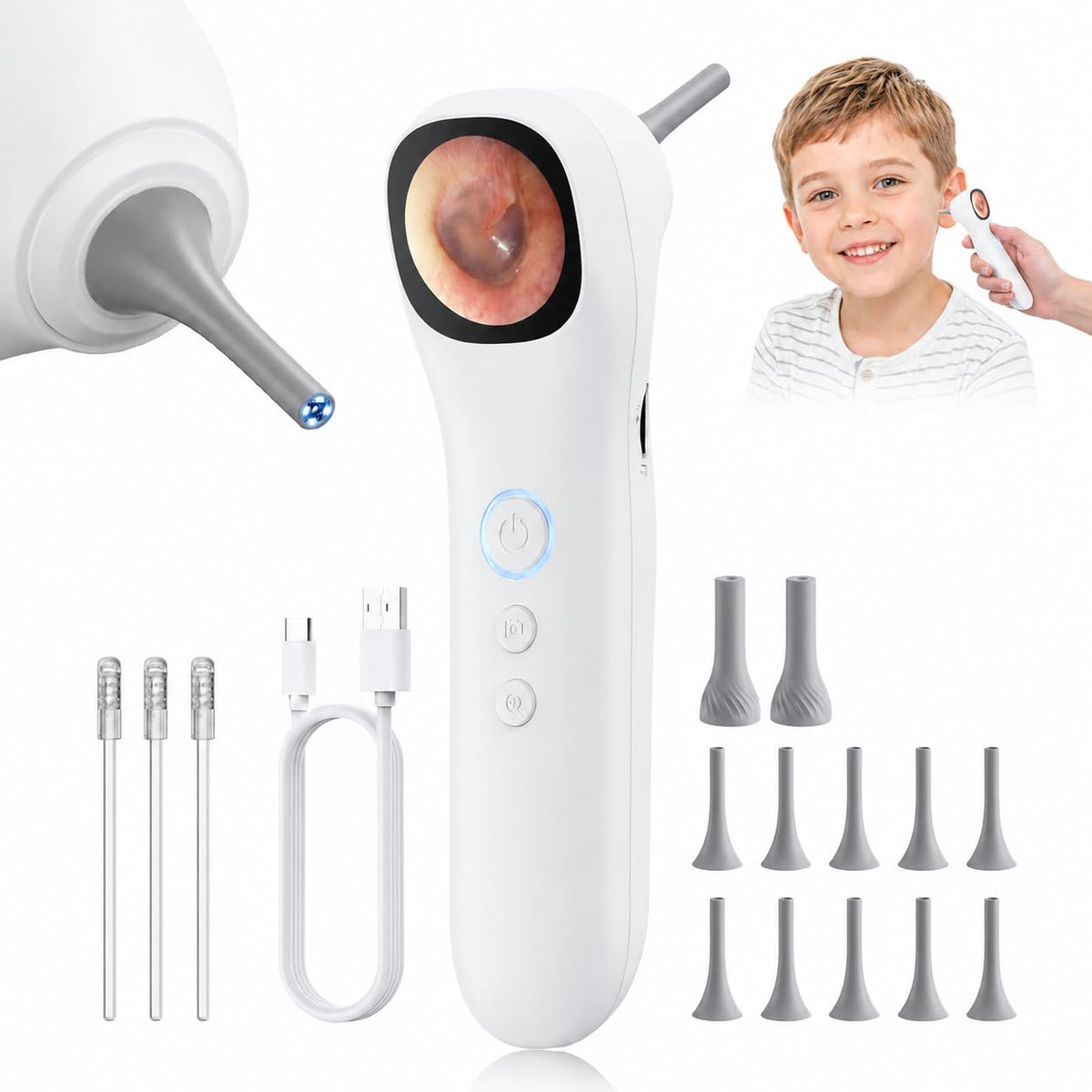 Otoscopio con cámara para oídos con pantalla de 1,21", 1080P, con 4 luces LED, ideal para adultos, niños y mascotas. Compatible con fotos y vídeos. Carga mediante USB-C con ordenadores. Artículos esenciales para bebés y uso médico doméstico.
