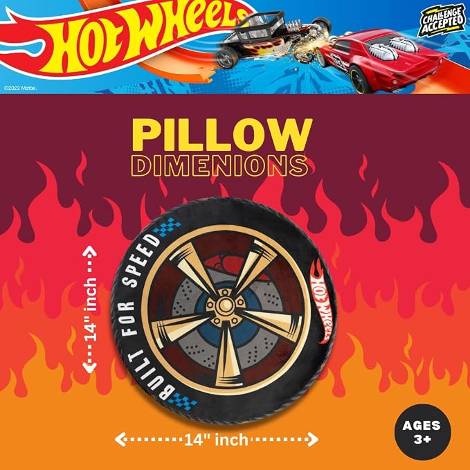 Hot Wheels - Almohada decorativa de felpa para neumáticos de carreras, cojín decorativo para dormitorio de niños, 14 pulgadas, (producto oficial)