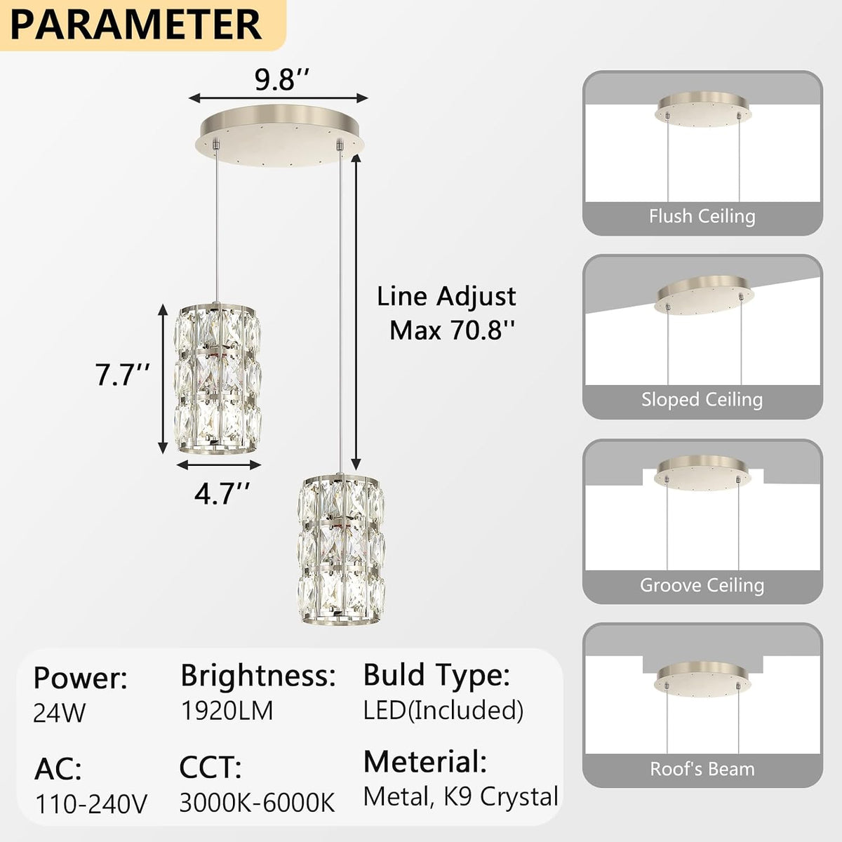 2 lámparas modernas de cristal colgantes LED para isla de cocina regulables Iluminación glamurosa lámpara de araña para comedor, pasillo, esquina, lámpara de níquel