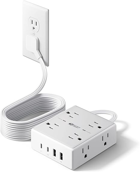 Cable de extensión de 10 pies con múltiples tomas, tira de alimentación con protector de sobretensiones de enchufe plano, cable de 10 pies de largo, 8 salidas y 4 puertos USB