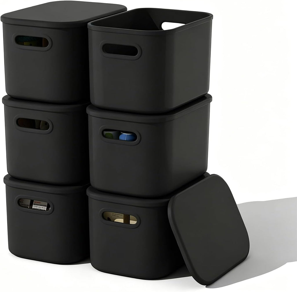 ORGIDOL Paquete de 6 cajas de almacenamiento negras con tapa, apilables, para organizar, cajas de almacenamiento negras con asa para estantes, bonitas cajas organizadoras para manualidades, aperitivos, 9.85 x 6.9 x 5.7 pulgadas