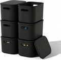 ORGIDOL Paquete de 6 cajas de almacenamiento negras con tapa, apilables, para organizar, cajas de almacenamiento negras con asa para estantes, bonitas cajas organizadoras para manualidades, aperitivos, 9.85 x 6.9 x 5.7 pulgadas