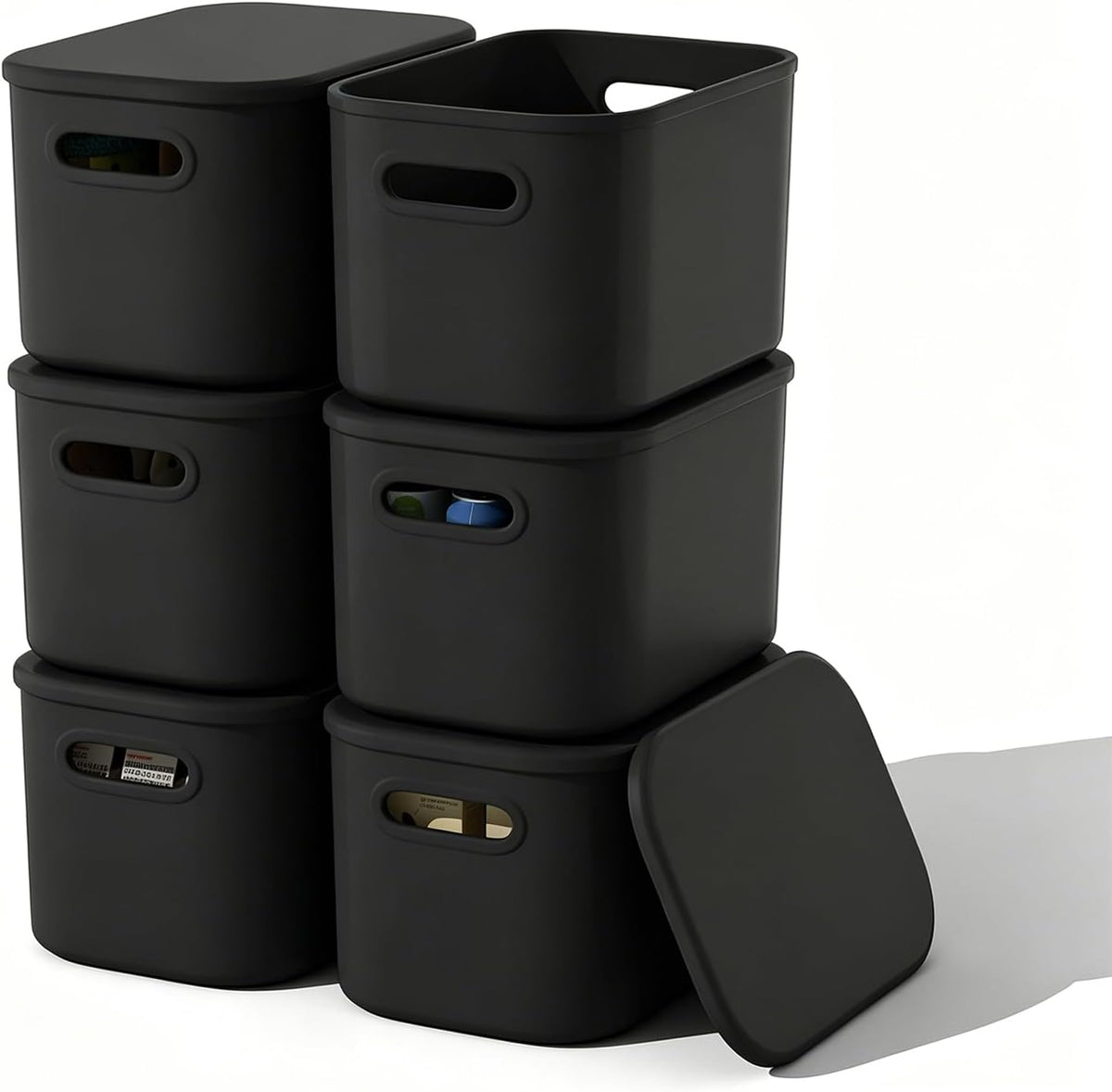 ORGIDOL Paquete de 6 cajas de almacenamiento negras con tapa, apilables, para organizar, cajas de almacenamiento negras con asa para estantes, bonitas cajas organizadoras para manualidades, aperitivos, 9.85 x 6.9 x 5.7 pulgadas