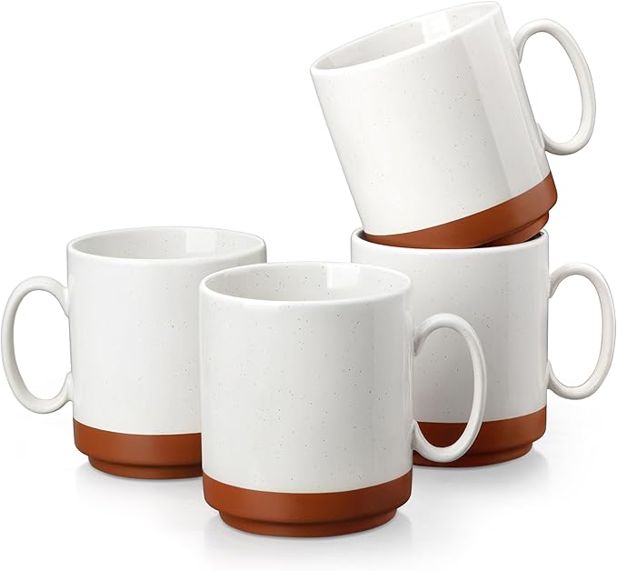 MALACASA Juego de 3 Tazas de Cafe Grandes de Gres, 350ml Tazas Desayuno Grande, Tazas de Te con Asa para café con leche Apto para Té, Zumos, Café con Leche y Capuchino - Blanco Caqui