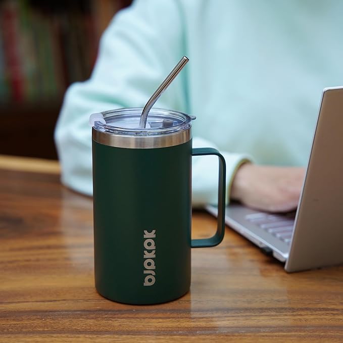 BJPKPK Taza de café aislada con 2 tapas, vaso aislado de acero inoxidable de 25 onzas con asa, tazas de café de doble pared con aislamiento al vacío, sin BPA, taza de viaje para café, té y bebidas