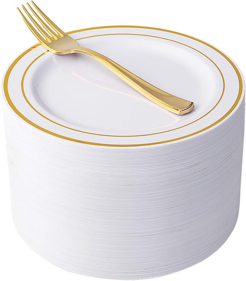 Set 204 Piezas Cubiertos y Platos Plástico Dorado | 102 Tenedores + 102 Platos Ensalada 7.5" | Fiestas y Eventos
