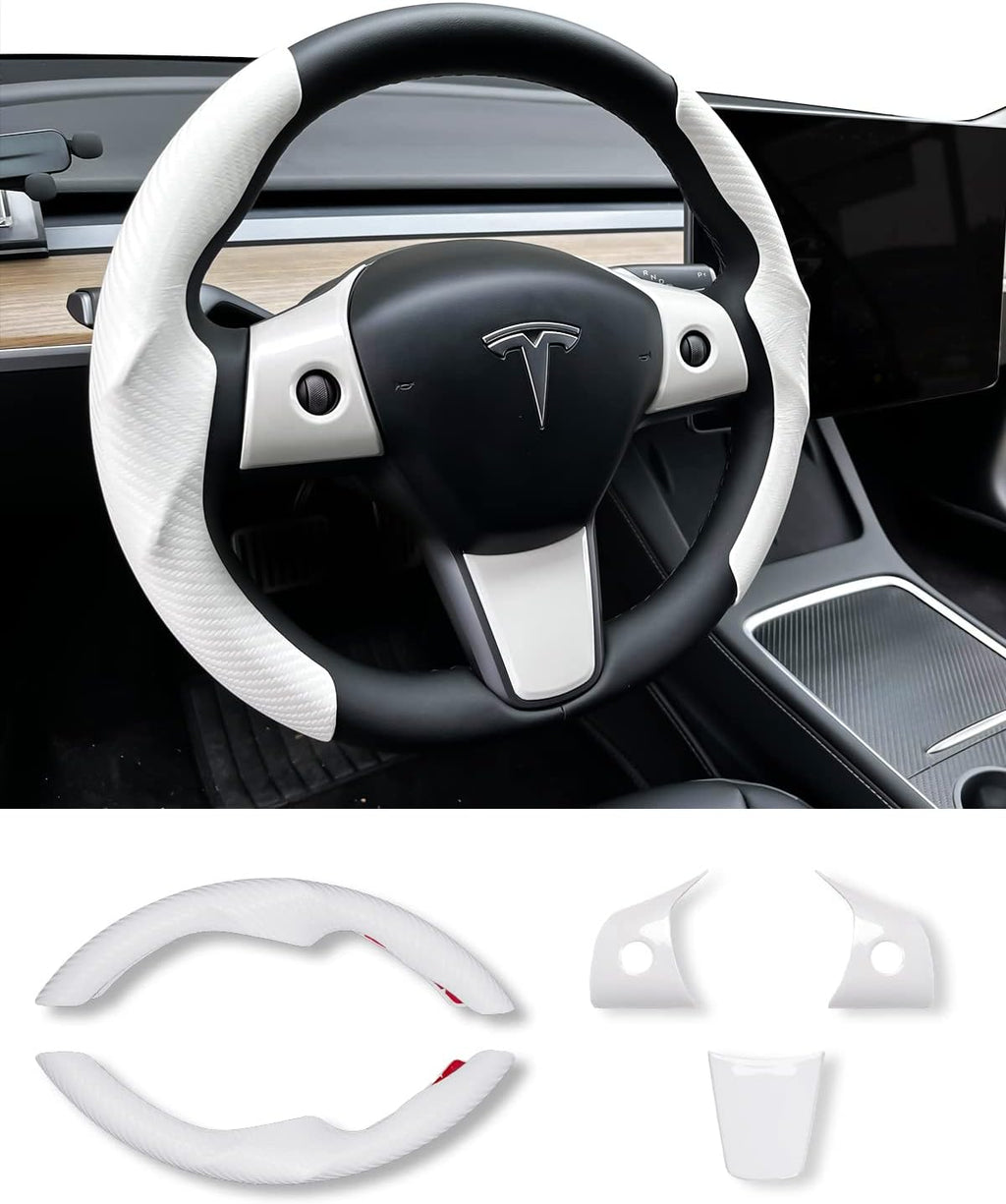 Funda de Volante Uxcer Fibra de Carbono con Kit ABS para Tesla Model 3 y Model Y - FALTA UNA PIEZA - Color Blanco