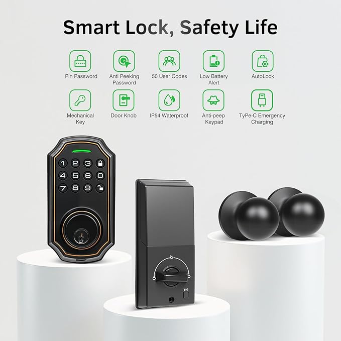 Cerradura Inteligente Sin Llave con Teclado Digital | 2 Perillas | Deadbolt Electrónico | 50 Códigos de Usuario | Bloqueo Automático | Niquel Satinado