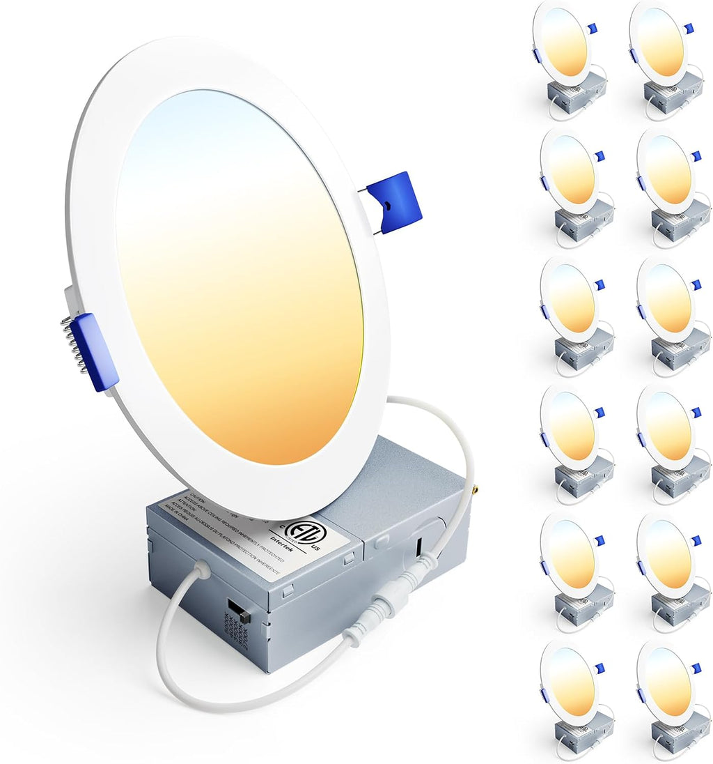 Ensenior Paquete de 12 Luces LED Empotradas de Techo de 6 Pulgadas, Regulables, 2700K-5000K 5CCT, 1200LM 12W 120V, Downlight Tipo Oblea Sin Caja de Alto Brillo