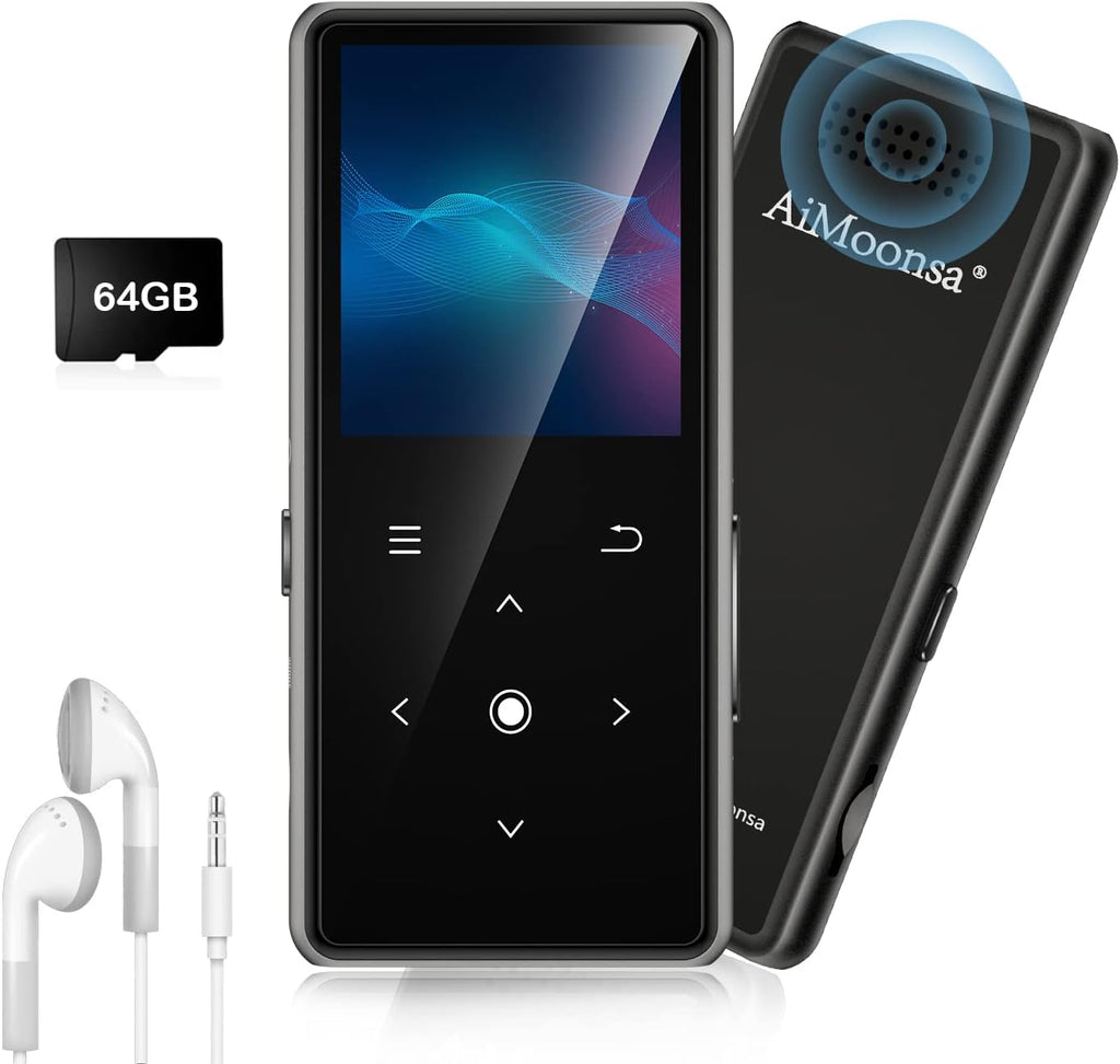 Reproductor MP3 64GB AiMoonsa Bluetooth 5.2, Parlante HD, Radio FM, Grabadora Voz, Sonido HiFi, Libro Electrónico, Auriculares Incluidos