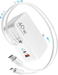 Cargador USB C retráctil de pared con cables tipo C de 35.5 pulgadas, carga rápida de 40 W, cargador múltiple de bloque plegable para todos los dispositivos para iPhone 17/16/15/14/13/12, iPad, galaxia, píxeles