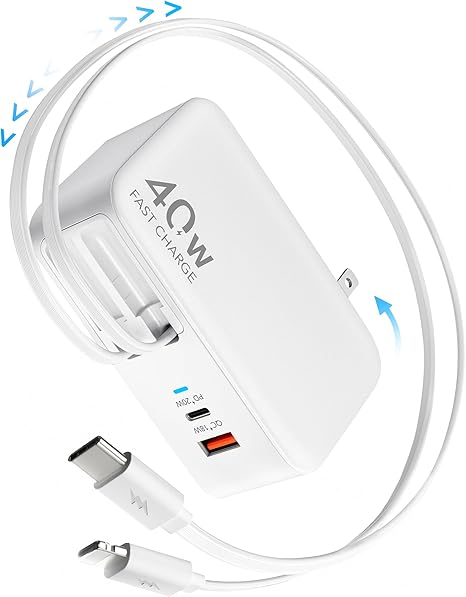 Cargador USB C retráctil de pared con cables tipo C de 35.5 pulgadas, carga rápida de 40 W, cargador múltiple de bloque plegable para todos los dispositivos para iPhone 17/16/15/14/13/12, iPad, galaxia, píxeles