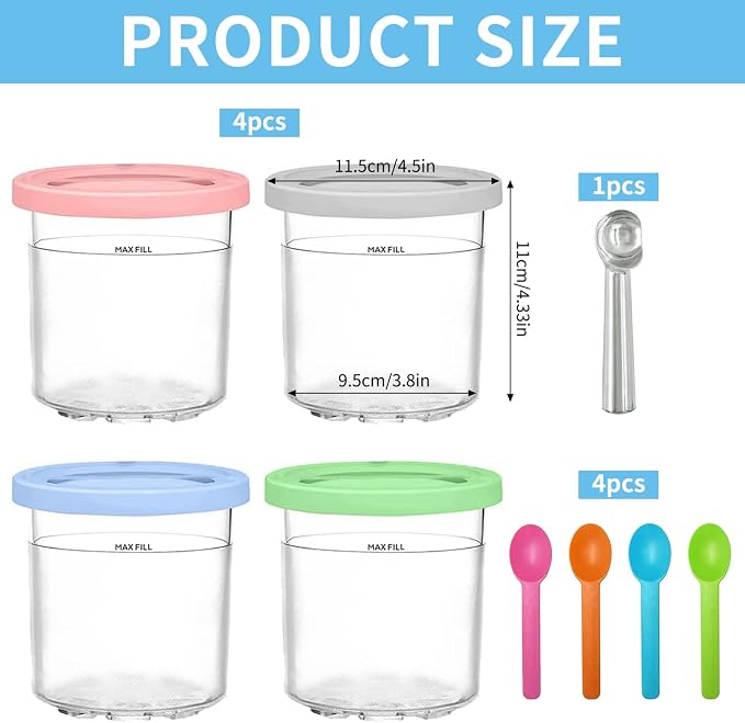 ⚠️ SIN CUCHARAS | Recipientes para Helado Ninja Creami – Juego de 4 Vasos 16oz con Tapa, Sin BPA (NC301/NC300/NC299AMZ)