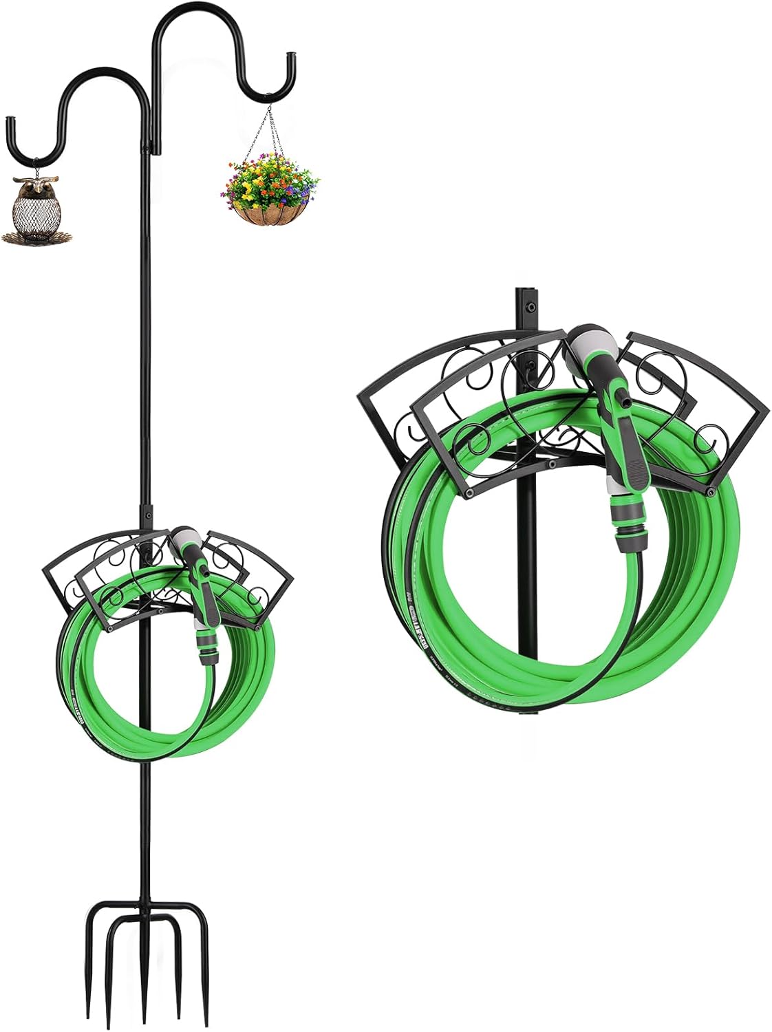 Soporte Manguera Jardín 2 en 1 Mejorado, Resistente 224 cm Independiente, Ganchos Pastores Ajustables, Almacenamiento Desmontable con Poste Comedero Pájaros