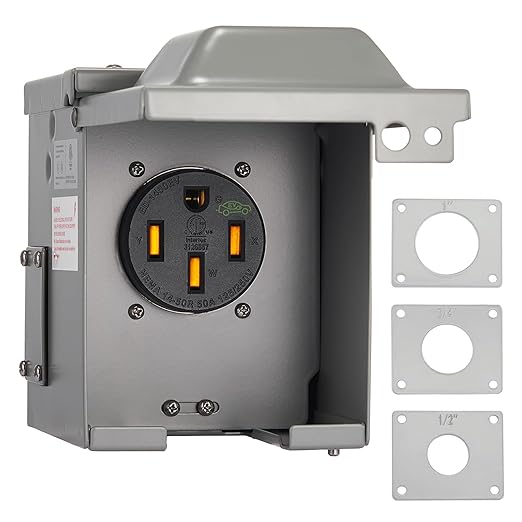Suplevel 50 Amp EV/RV Power Outlet Box, Extra Heavy Duty EV-Grade 14-50R Receptacle, NEMA 3R Enclosed Lockable Weatherproof Outdoor Metal Box, EV Charger, 3-Pole, 4-Wire, ETL Listed