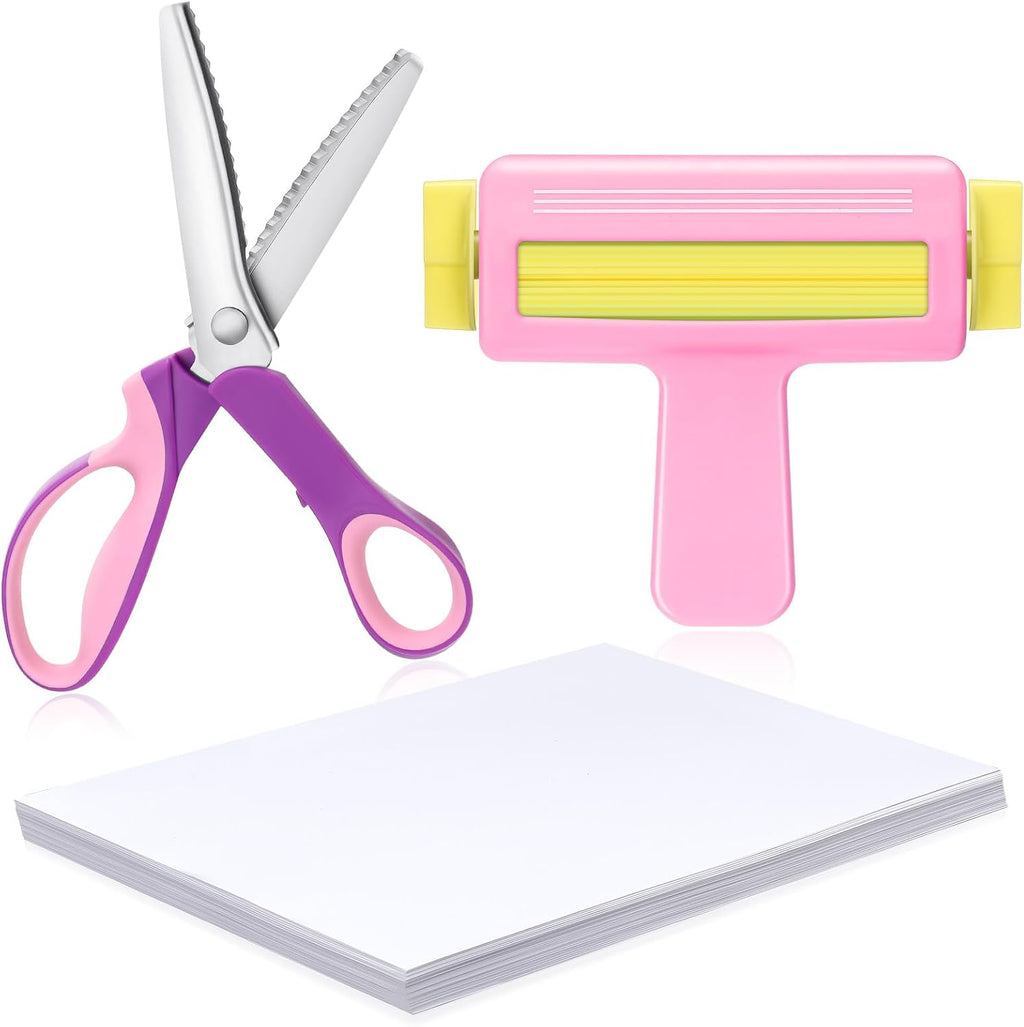 Máquina para rizar papel Feifeiya, 9 tijeras dentadas, papel brillante fino para impresoras de inyección de tinta, 100 hojas de 8,25 x 11,6 pulgadas para bolsas de patatas fritas y manualidades, tinta de colorante de 115 g/m² (morado, rosa).