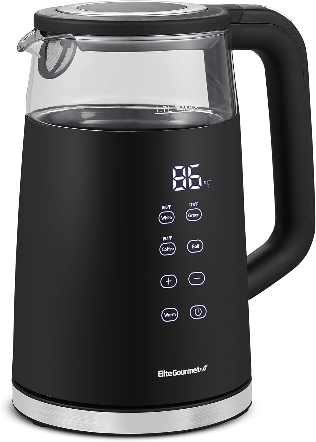 Hervidor eléctrico Elite Gourmet de 1,7 L con doble pared y tacto frío, cristal de borosilicato, interior de acero inoxidable 304, pantalla táctil digital programable, función para mantener caliente, apagado automático e indicador sonoro, color negro.