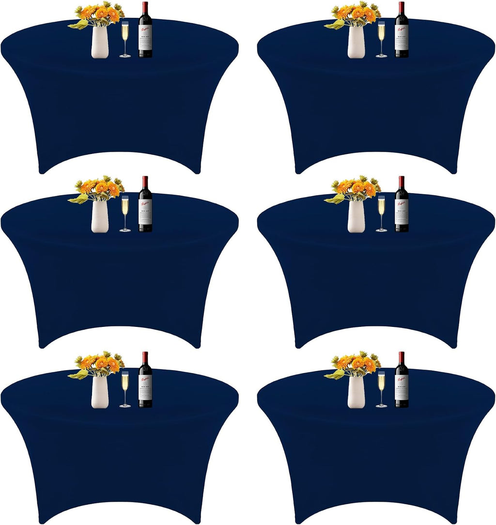 6 manteles redondos de spandex azul marino de 1.5 m (5 pies) y 1.5 m (60 pulgadas) de diámetro. Cubremesas elástico de ajuste ceñido, resistente a las arrugas y lavable. Ideal para bodas, cumpleaños, banquetes, fiestas y festivales.